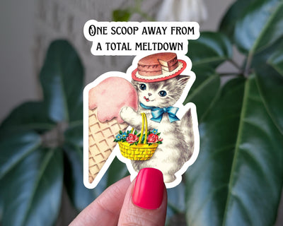 One scoop away from a total meltdown sticker, cute vintage cat ice cream sticker for water bottle, dark humor stickers for her, funny gift