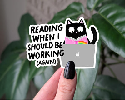 Reading When I Should Be Working Sticker, Cute Bookish Cat Laptop Sticker, Funny Book Lover Gift, Bookish Gift for Cat Lover, Reader Gift