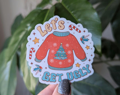 Let's get ugly Christmas sweater sticker, funny Christmas stickers for water bottle, holiday stickers for journal, Christmas party ideas