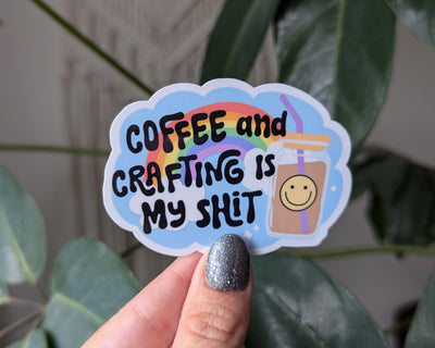 Coffee and crafts, coffee lover gift for crafter, coffee addict, small business owner sticker for tumbler, ice coffee sticker, bookish merch