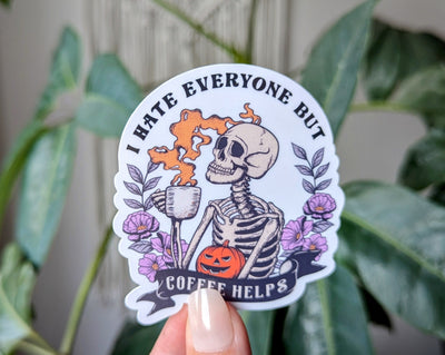 I hate everyone but coffee helps, funny coffee stickers for tumblers, snarky stickers for kindle, sassy gifts for Halloween lover, skeleton