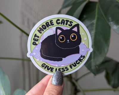 Pet more cats give less fucks, funny cat stickers for water bottle, cat mom gifts, snarky stickers for kindle, black cat sticker, small gift