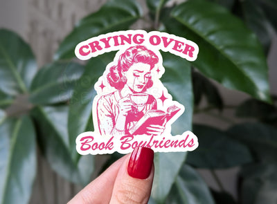 Crying over book boyfriends vinyl sticker, retro book stickers for kindle, book gift for book lovers, vintage aesthetic, fictional character