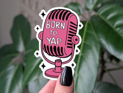 Born to yap sticker, pink retro microphone vinyl decal for podcasters, extrovert vinyl sticker for laptops, funny gift for extrovert