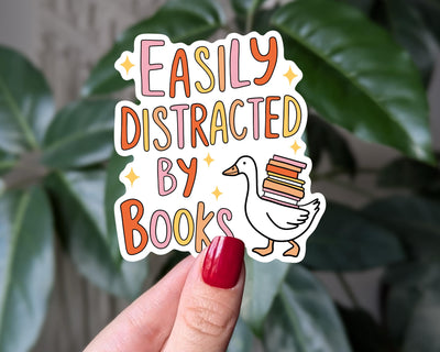 Easily Distracted by Books Sticker, Reading Goose Vinyl Sticker, Bookish Gift for Book Lovers, Goose Sticker for Reader Friend