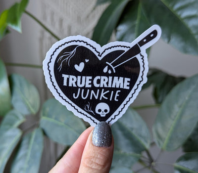 True crime junkie sticker for kindle, book gift for book lovers, black heart stickers for water bottle, bookish merch, smut reader gifts for