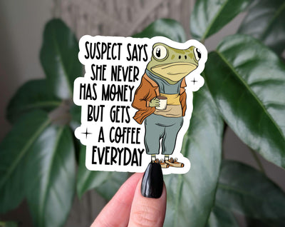 Suspect challenge sticker, funny frog coffee sticker for laptops, frog meme sticker gift, trendy relatable vinyl sticker