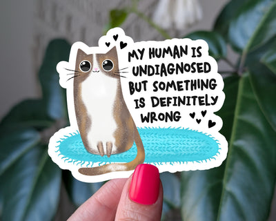 My human is undiagnosed funny cat sticker, cute cat gift, mental health humor vinyl stickers for laptop, gift for cat lovers