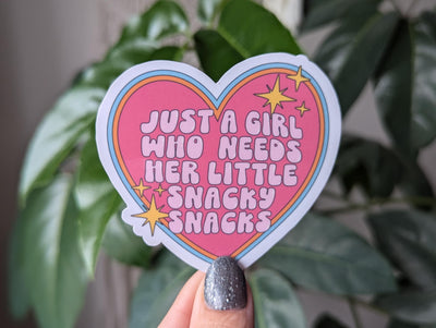 Just a girl who needs her little snacky snacks sticker, foodie gift, funny gift for friend, heart sticker aesthetic, cute sticker for girls