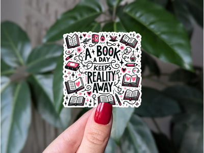 A book a day keeps reality away, funny book stickers for kindle, bookish gift for friend, mental health stickers, book lovers stickers for