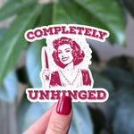 Completely Unhinged Sticker, Funny Dark Humor Vinyl Sticker, Vintage Style Woman With Knife, Retro Housewife, Sarcastic Laptop Sticker