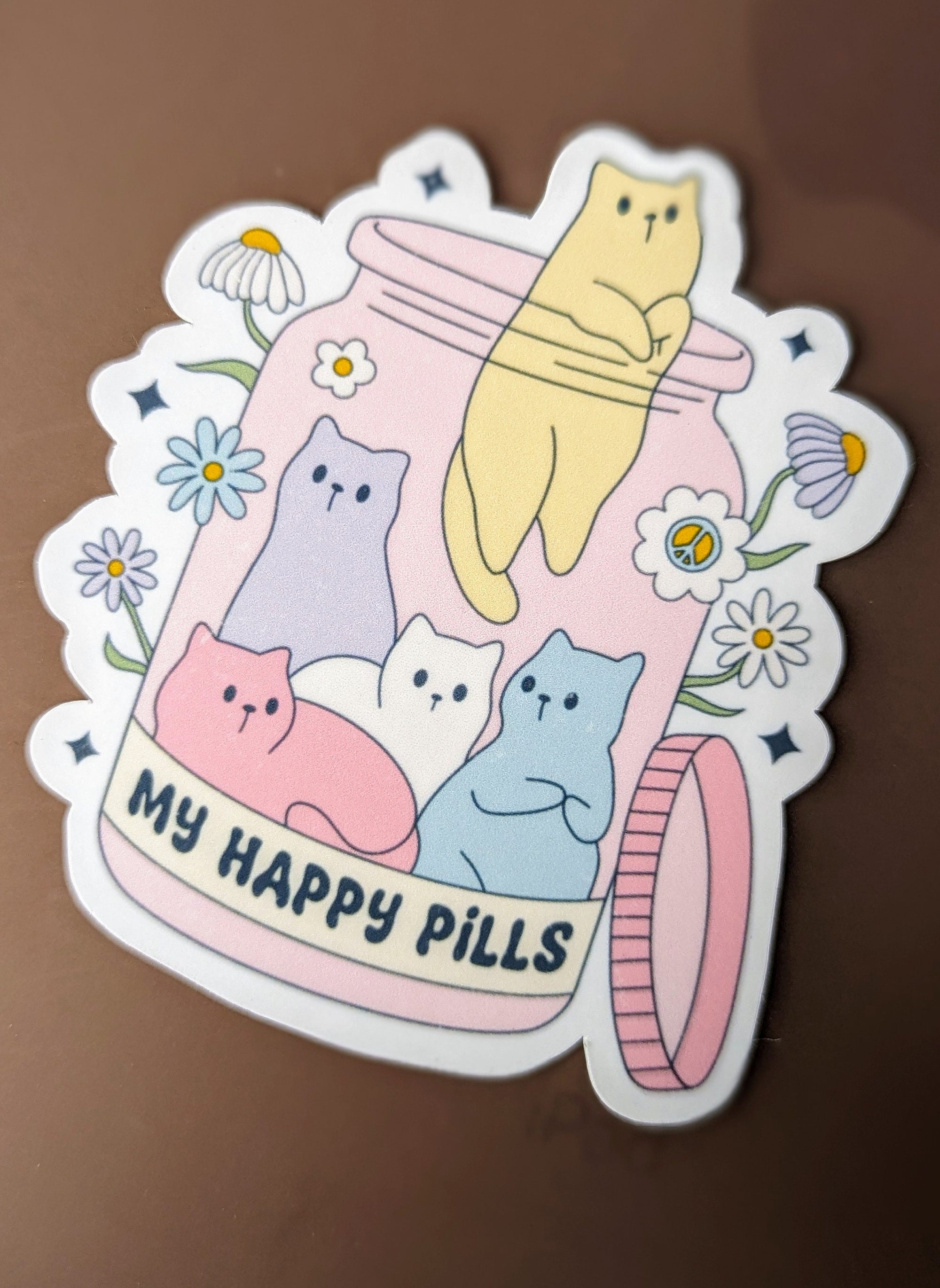 Happy pills sticker, funny cat stickers for water bottle, animal lover gift for sister, crazy cat lady gifts for best friend, kitten sticker