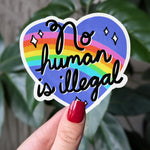 No human is illegal sticker, lgbtq+ pride heart vinyl sticker, immigration rights decal, human rights vinyl sticker