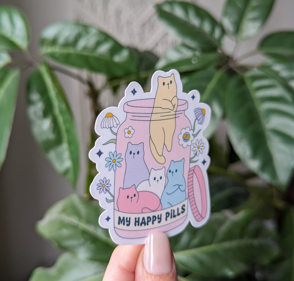 Happy pills sticker, funny cat stickers for water bottle, animal lover gift for sister, crazy cat lady gifts for best friend, kitten sticker