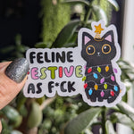 Feeling festive, funny Christmas stickers for laptop, stocking stuffers for teens, black cat sticker, holiday sticker, small gift ideas for