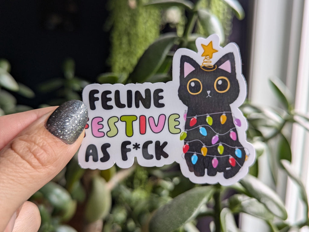 Feeling festive, funny Christmas stickers for laptop, stocking stuffers for teens, black cat sticker, holiday sticker, small gift ideas for