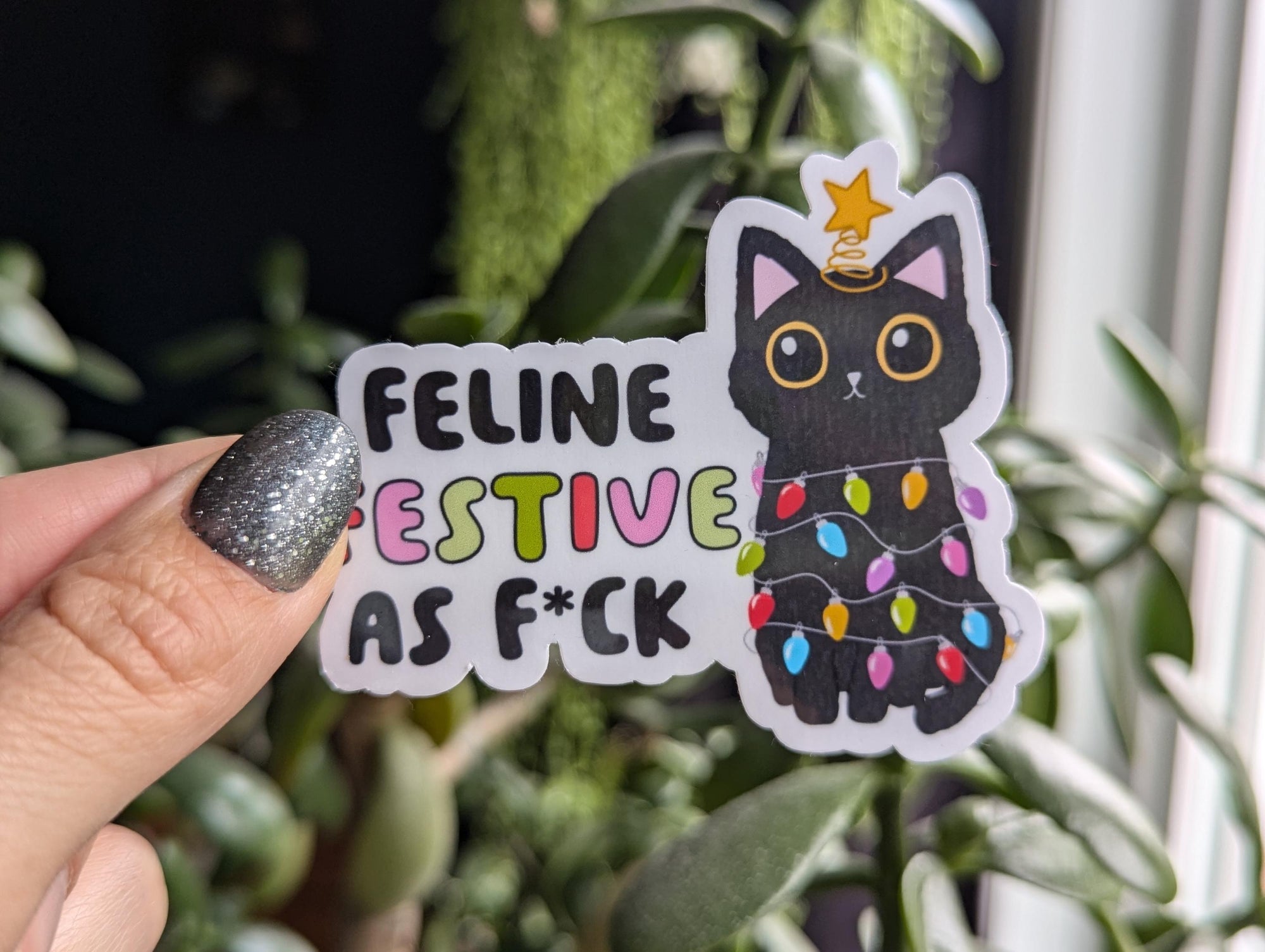 Feeling festive, funny Christmas stickers for laptop, stocking stuffers for teens, black cat sticker, holiday sticker, small gift ideas for