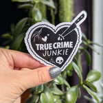 True crime junkie sticker for kindle, book gift for book lovers, black heart stickers for water bottle, bookish merch, smut reader gifts for