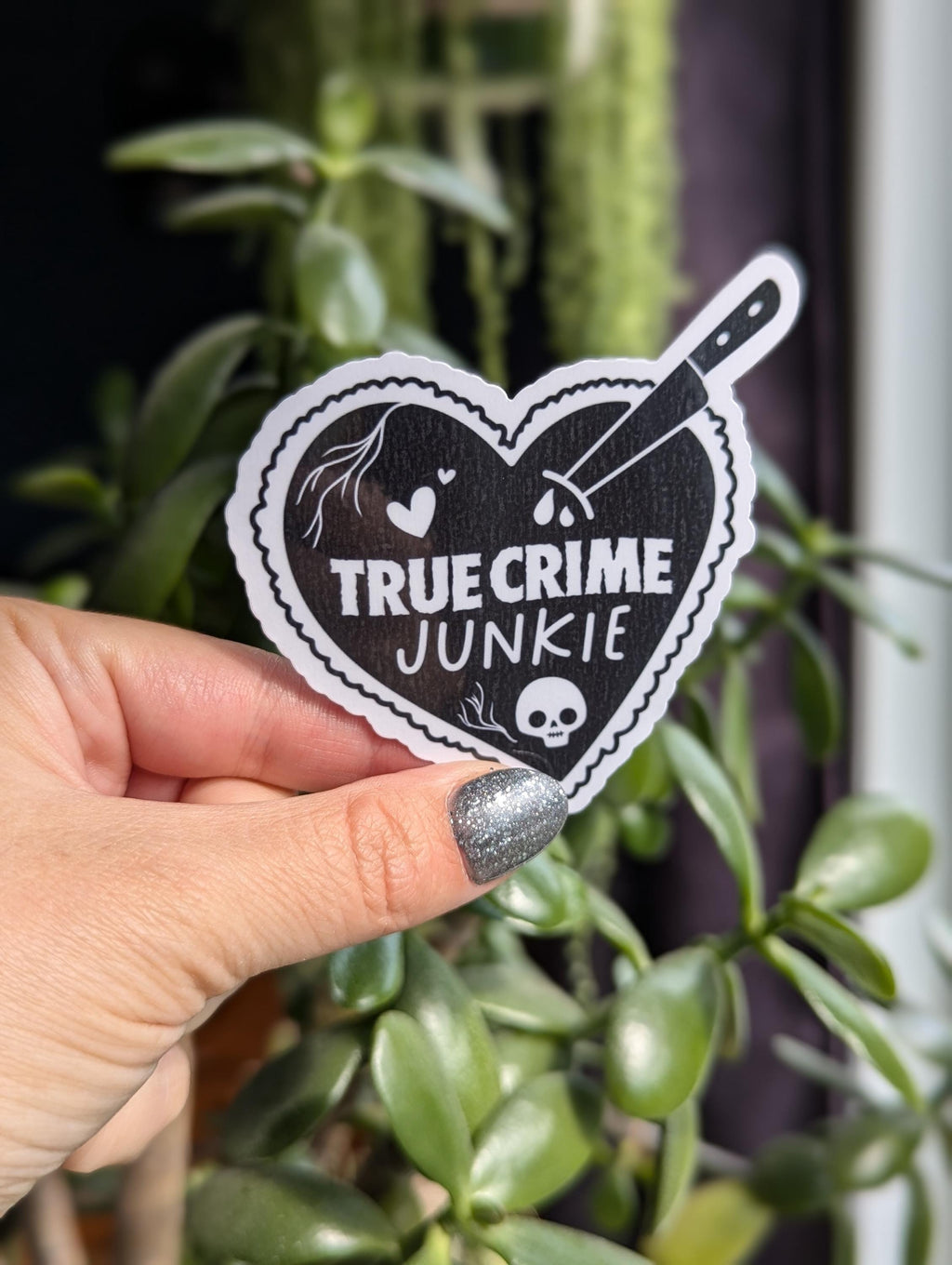 True crime junkie sticker for kindle, book gift for book lovers, black heart stickers for water bottle, bookish merch, smut reader gifts for