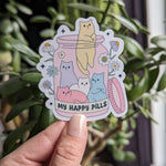 Happy pills sticker, funny cat stickers for water bottle, animal lover gift for sister, crazy cat lady gifts for best friend, kitten sticker