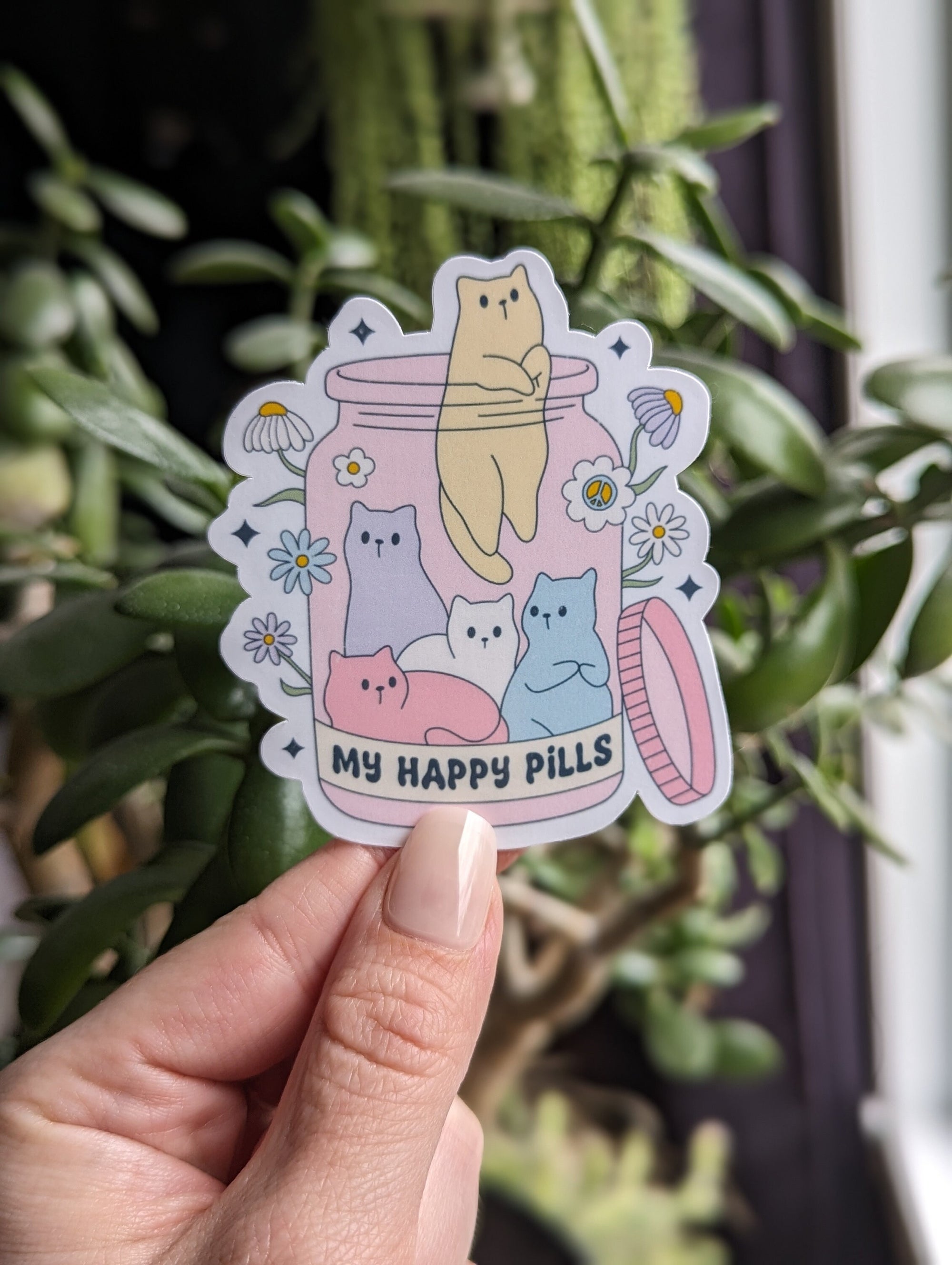 Happy pills sticker, funny cat stickers for water bottle, animal lover gift for sister, crazy cat lady gifts for best friend, kitten sticker