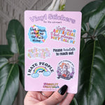 Funny introvert vinyl sticker sheet, anti social stickers for laptop, gap filler stickers for introverts, I hate people, call me antisocial