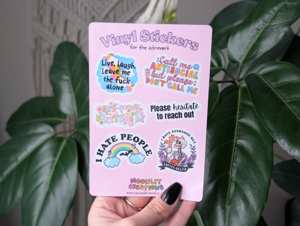 Funny introvert vinyl sticker sheet, anti social stickers for laptop, gap filler stickers for introverts, I hate people, call me antisocial