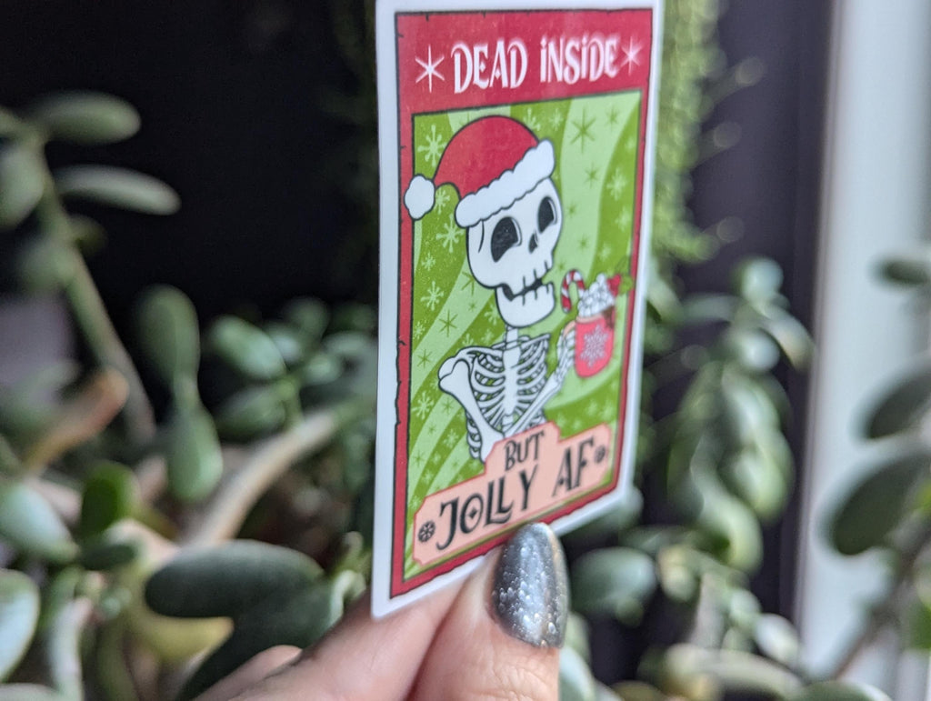 Dead inside but jolly AF sticker, skull tarot card, dark humor stickers for laptop, mental health stickers, trendy Christmas, holiday gift