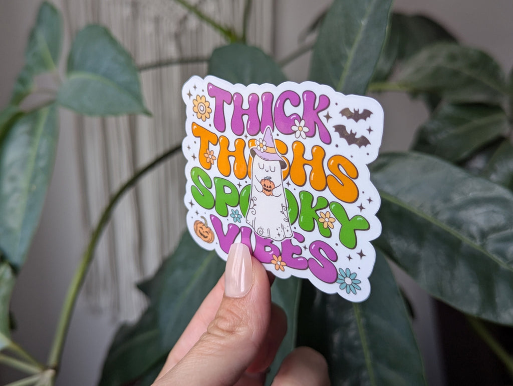 Thick thighs spooky vibes, Halloween gifts for women, fall stickers for kindle, spooky season stickers for hydroflask funny, autumn vibes