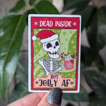 Dead inside but jolly AF sticker, skull tarot card, dark humor stickers for laptop, mental health stickers, trendy Christmas, holiday gift
