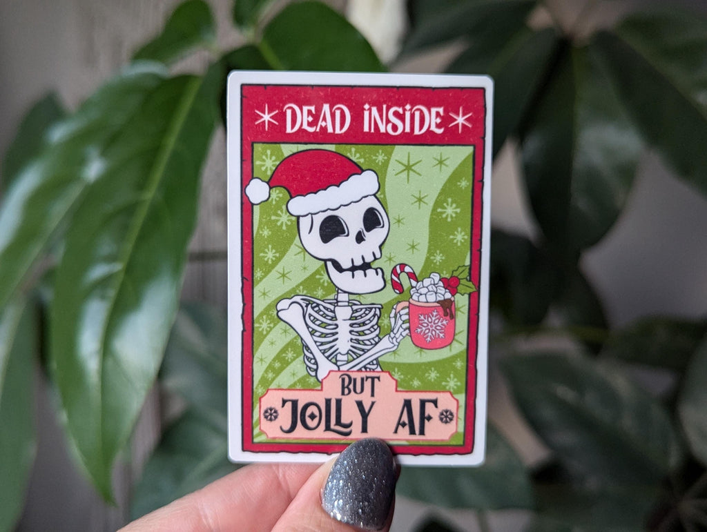 Dead inside but jolly AF sticker, skull tarot card, dark humor stickers for laptop, mental health stickers, trendy Christmas, holiday gift