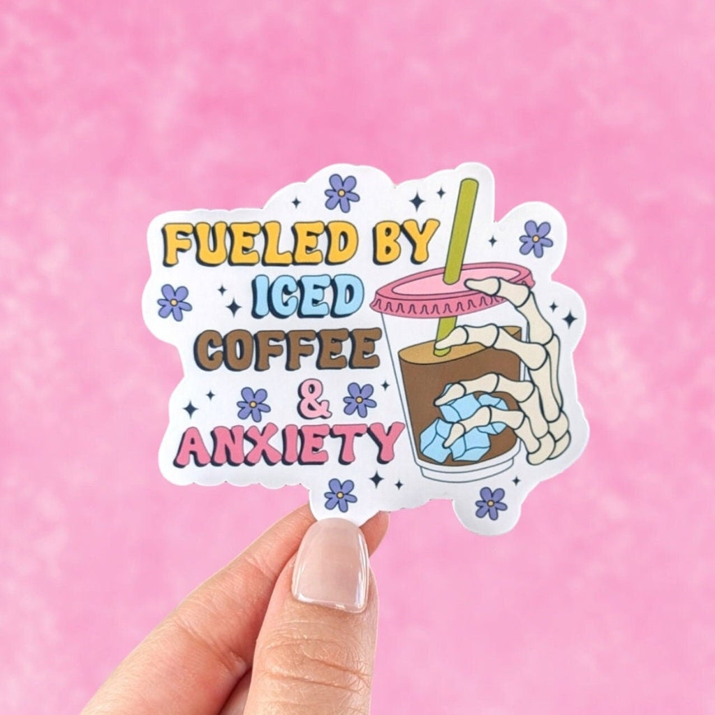 Fueled by iced coffee and anxiety, caffeine stickers for coffee cups, anxiety stickers for water bottle, coffee lover gift for girlfriend