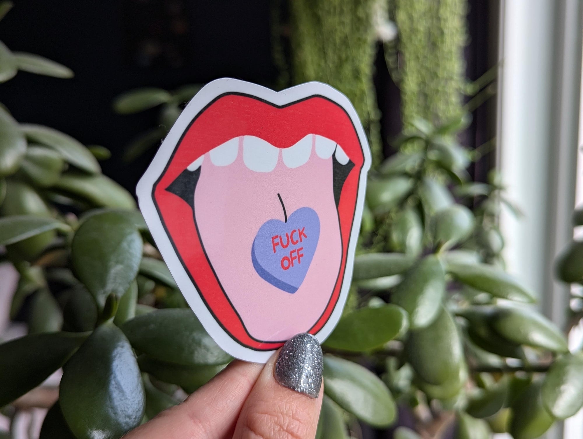 Fuck off conversation heart sticker for laptop, red lips sticker for phone case, snarky sticker, sassy gift for bestie, mouth sticker, funny