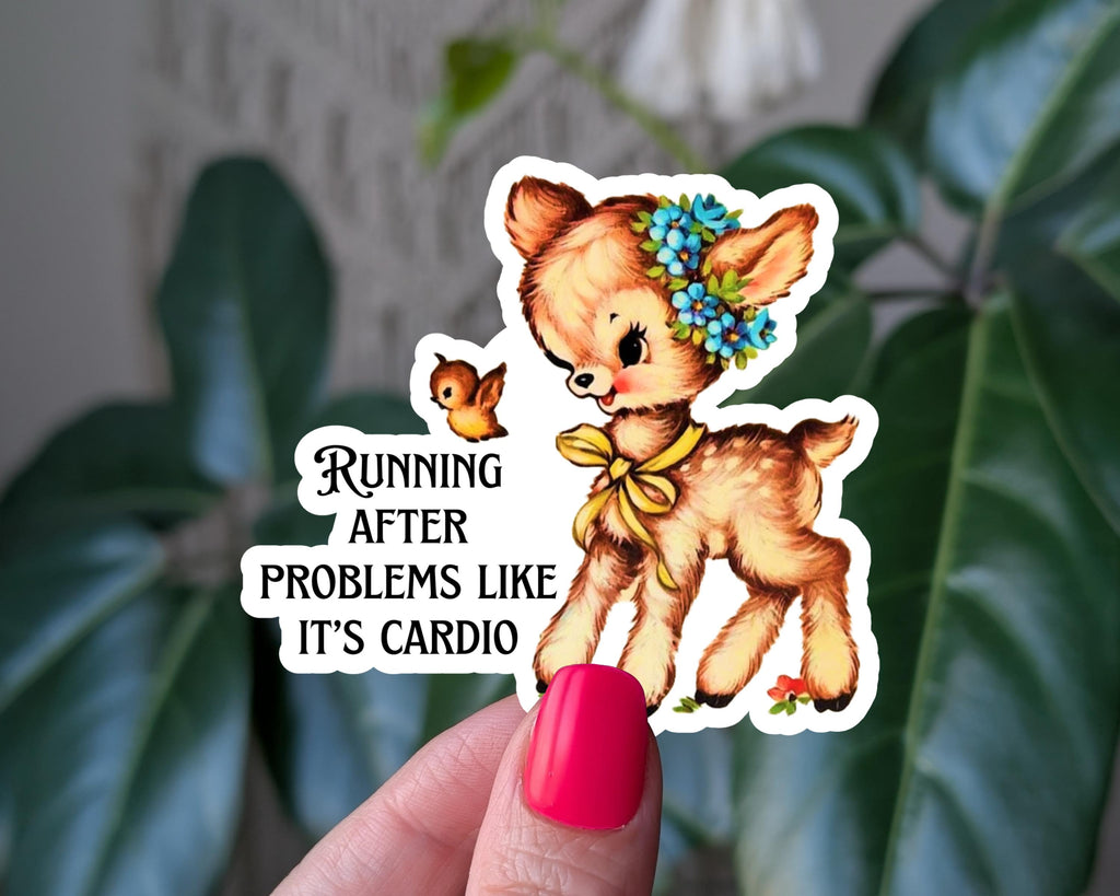 Running after problems like it's cardio, funny dark humor vintage inspired vinyl sticker for water bottle, laptop sticker, retro sticker