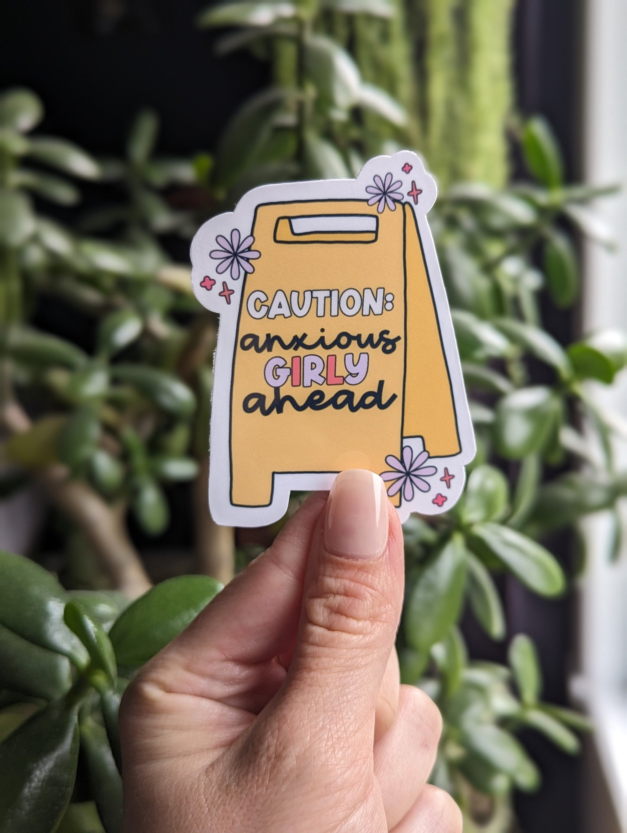 Anxious girly stickers for water bottle, caution stickers for hydroflask funny, anxiety sticker for her, girl stickers for kindle, cute gift