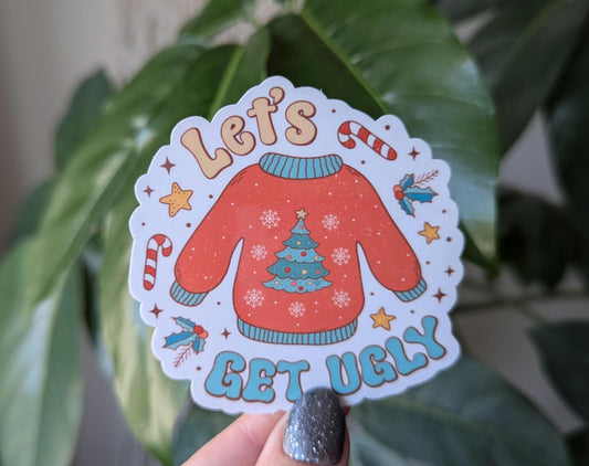 Let's get ugly Christmas sweater sticker, funny Christmas stickers for water bottle, holiday stickers for journal, Christmas party ideas