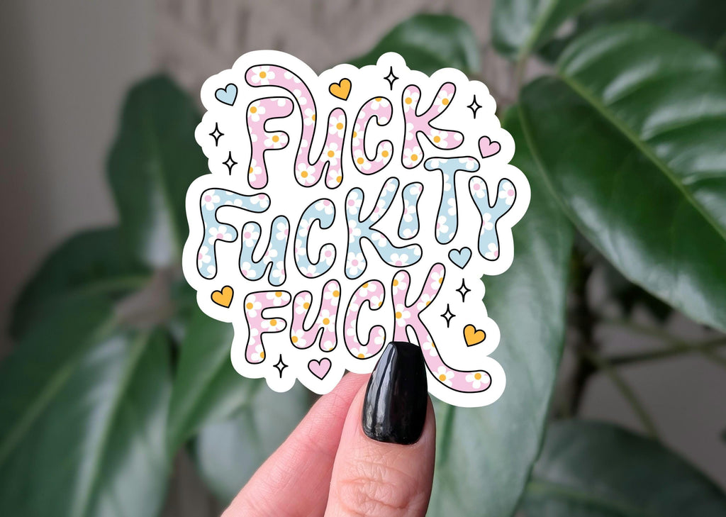 Funny swear word sticker, cute floral aesthetic, relatable vinyl sticker for water bottle