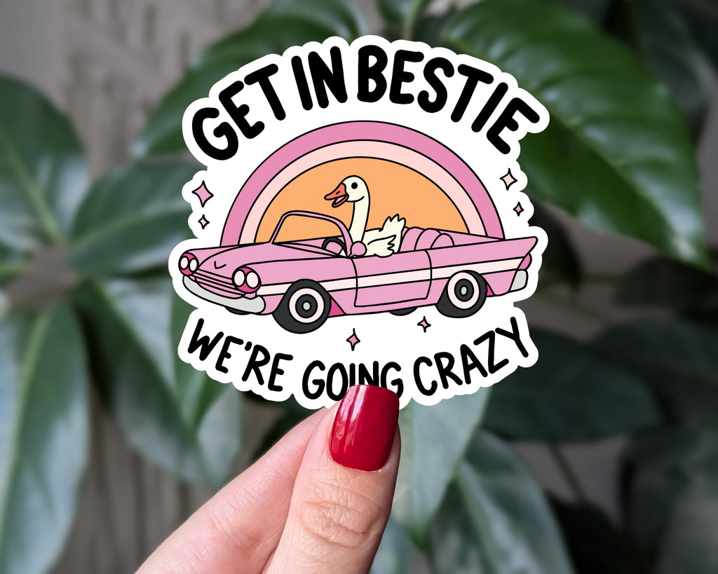 Get In Bestie We're Going Crazy Sticker, Funny Goose Sticker, Retro Aesthetic Vinyl Sticker, Cute Bestie Sticker, Funny Gift for Friends