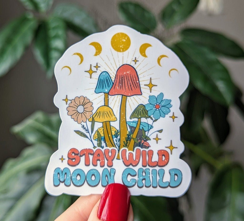 Stay wild moon child sticker, mushroom water bottle stickers, hippie stickers, free spirit quotes, gift for witchy friend, celestial sticker