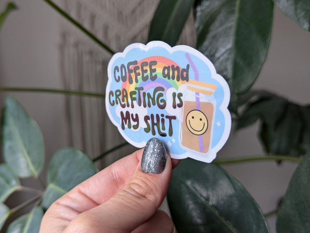 Coffee and crafts, coffee lover gift for crafter, coffee addict, small business owner sticker for tumbler, ice coffee sticker, bookish merch