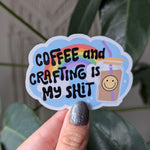 Coffee and crafts, coffee lover gift for crafter, coffee addict, small business owner sticker for tumbler, ice coffee sticker, bookish merch