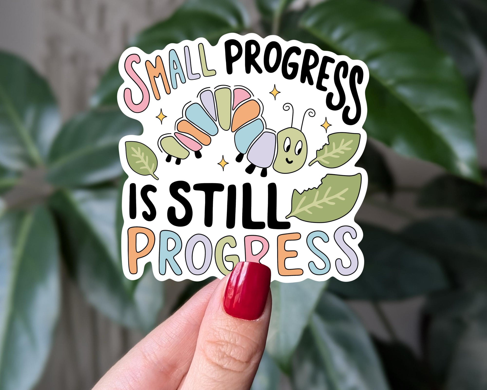 Small Progress is Still Progress Sticker, Cute Motivational Caterpillar Vinyl Sticker for Water Bottles, Laptops, Journals