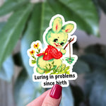 Luring in problems since birth sticker, vintage fishing bunny sticker, retro bunny vinyl sticker for water bottle, laptop sticker