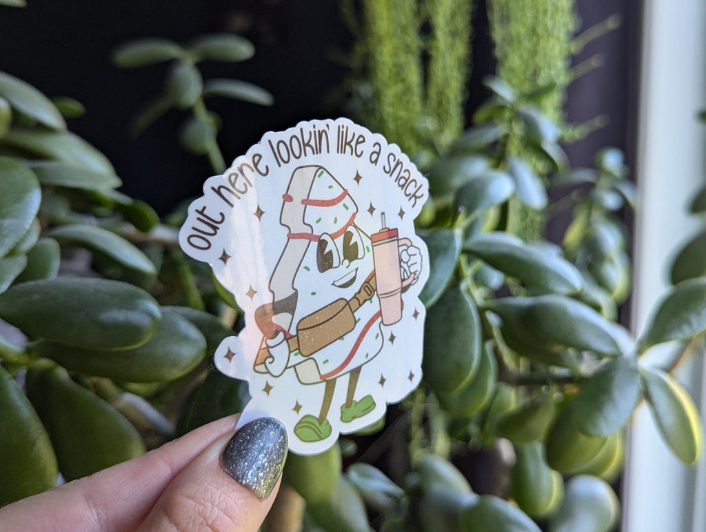 Out here lookin like a snack sticker, Christmas tree cake, funny Christmas stickers for tumblers, holiday stickers for laptop, cute gift for