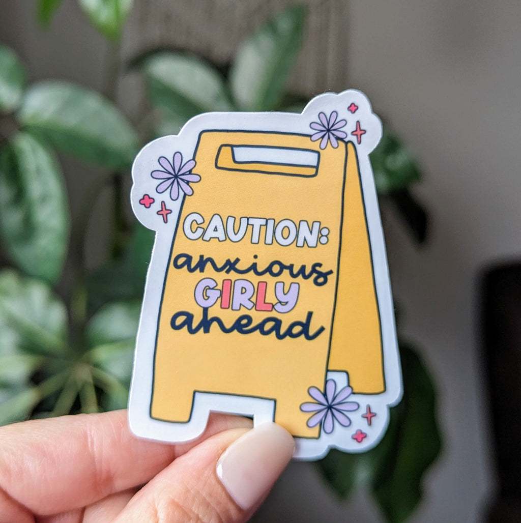 Anxious girly stickers for water bottle, caution stickers for hydroflask funny, anxiety sticker for her, girl stickers for kindle, cute gift
