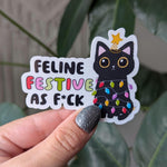 Feeling festive, funny Christmas stickers for laptop, stocking stuffers for teens, black cat sticker, holiday sticker, small gift ideas for