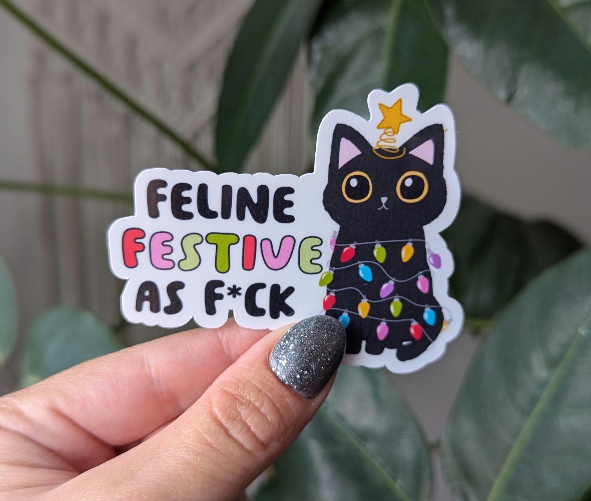 Feeling festive, funny Christmas stickers for laptop, stocking stuffers for teens, black cat sticker, holiday sticker, small gift ideas for