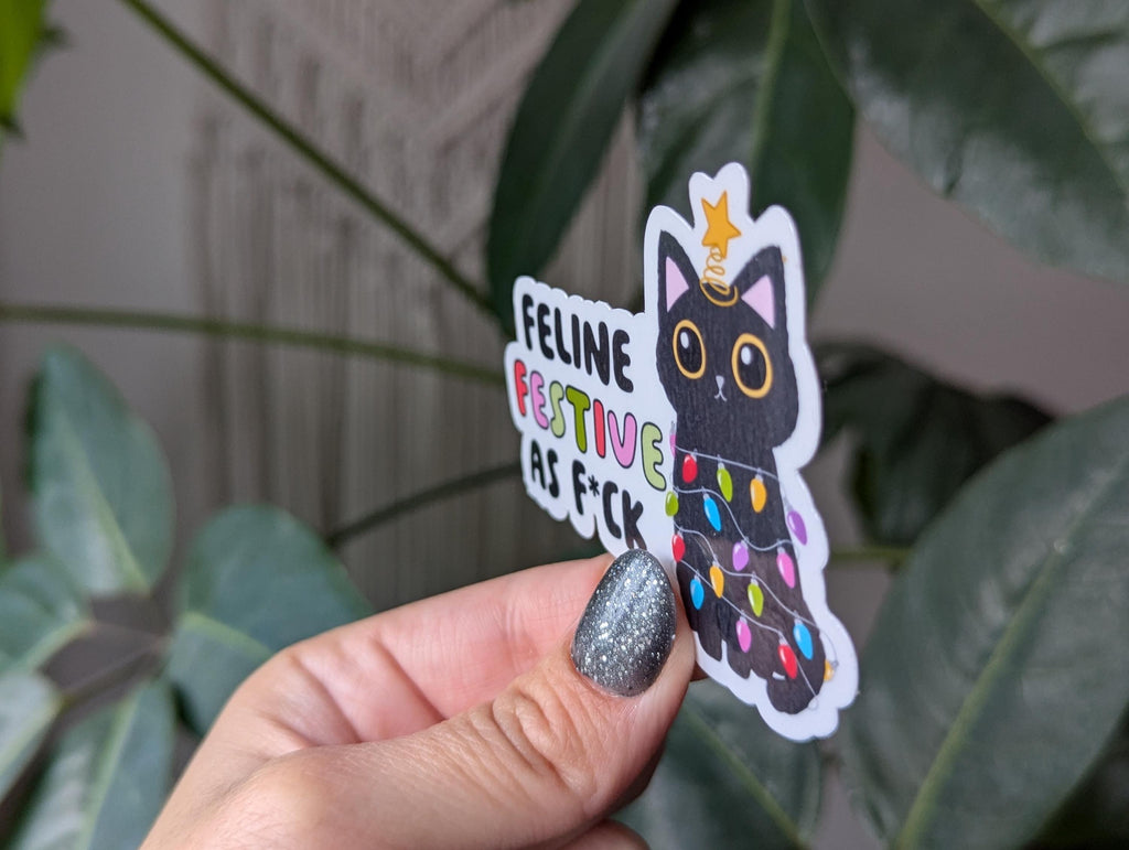 Feeling festive, funny Christmas stickers for laptop, stocking stuffers for teens, black cat sticker, holiday sticker, small gift ideas for