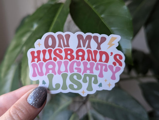 On my husbands naughty list sticker, funny Christmas gift for women, adult stickers, small gift from husband, Santa list, holiday stickers