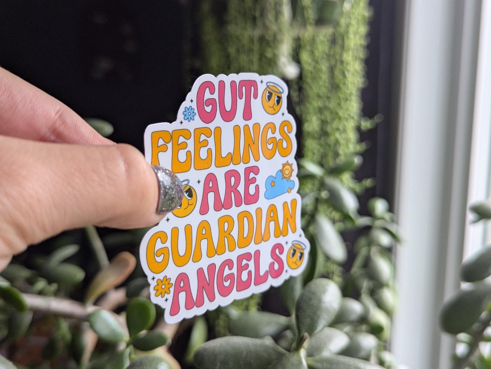 Gut feelings are guardian angels sticker, retro stickers for water bottle, aesthetic stickers for kindle, positive affirmation stickers for
